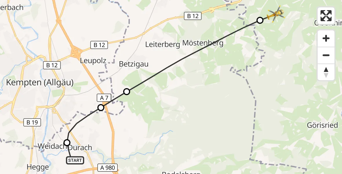 Flugroute Rettungshubschrauber Kempten-Durach Flugplatz - Kraftisried, 27 Juli 2026, 18:36