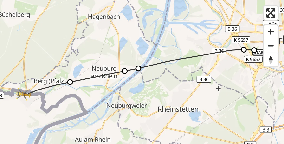 Flugroute Ambulanzhubschrauber Sankt Vincentius Hospital - Berg (Pfalz), 27 Juli 2026, 18:38