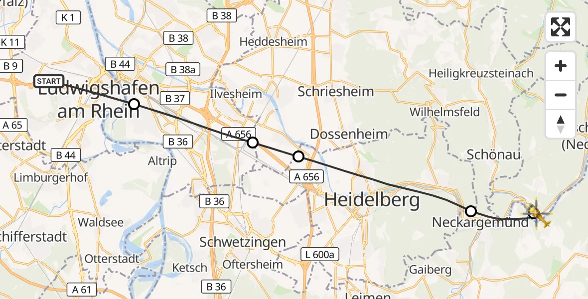 Flugroute Rettungshubschrauber Ludwigshafen am Rhein - Neckarsteinach, 27 Juli 2026, 18:39