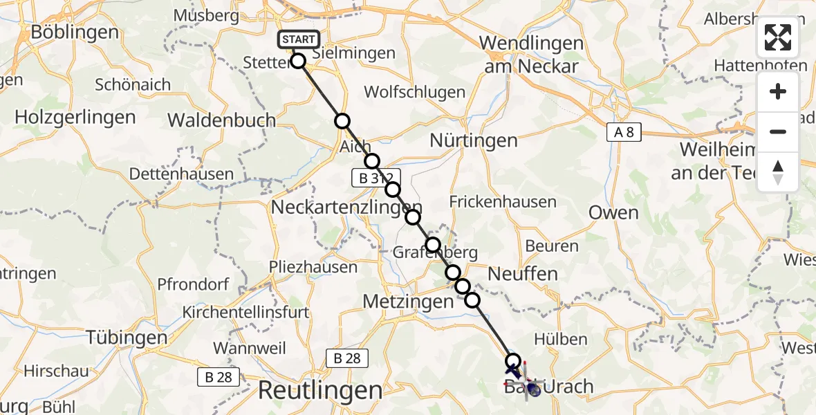 Flugroute Polizeihubschrauber Flughafen Stuttgart - Bad Urach, 27 Juli 2026, 18:43
