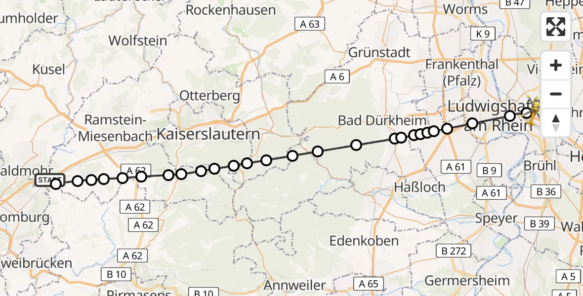 Flugroute Rettungshubschrauber Bruchmühlbach-Miesau - Mannheim-City Flughafen, 27 Juli 2026, 18:49