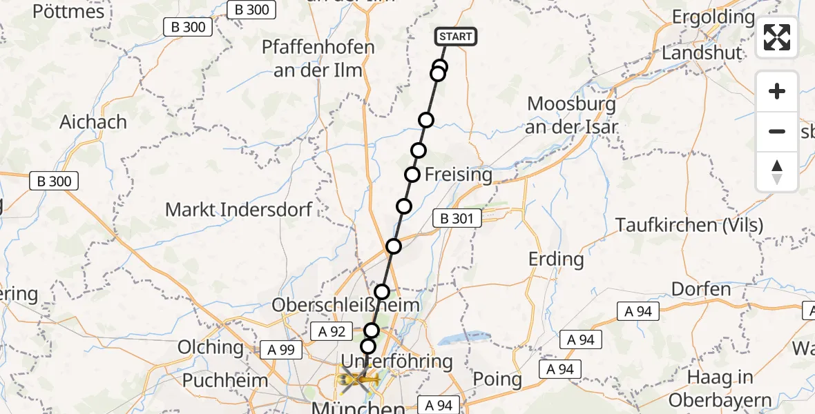 Flugroute Rettungshubschrauber Au i.d.Hallertau - München, 27 Juli 2026, 18:53