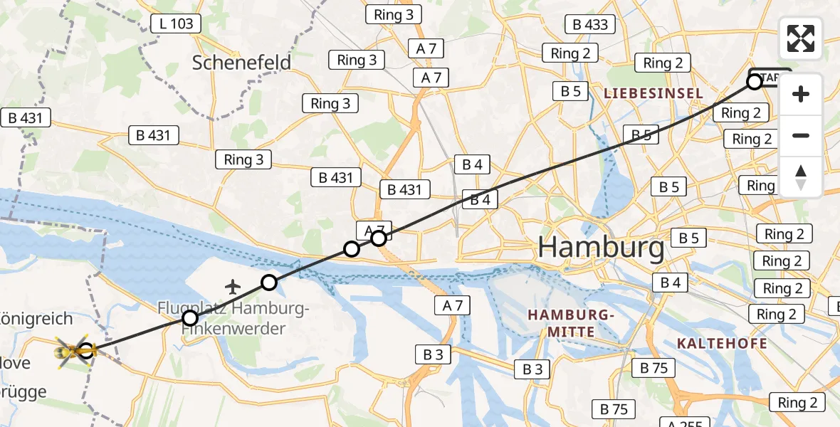 Flugroute Rettungshubschrauber Hamburg Military Hospital - Jork, 27 Juli 2026, 18:58