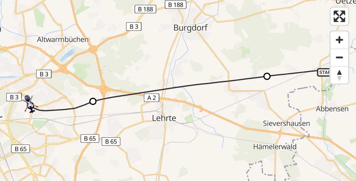 Flugroute Polizeihubschrauber Uetze - Hannover Luftrettung Hubschrauberlandeplatz (Christoph 4), 27 Juli 2026, 19:03