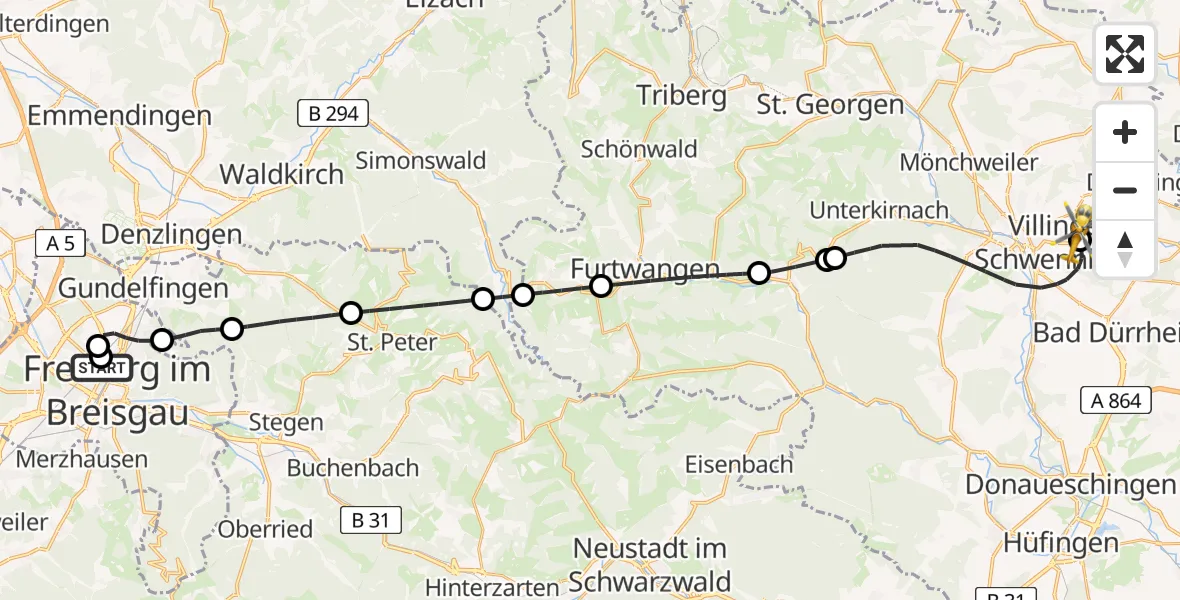 Flugroute Ambulanzhubschrauber Freiburg University Hospital Heliport 1 - DRF Air Rescue Station Villingen-Schwenningen Hubschrauberlandeplatz (Christoph 11), 27 Juli 2026, 19:05