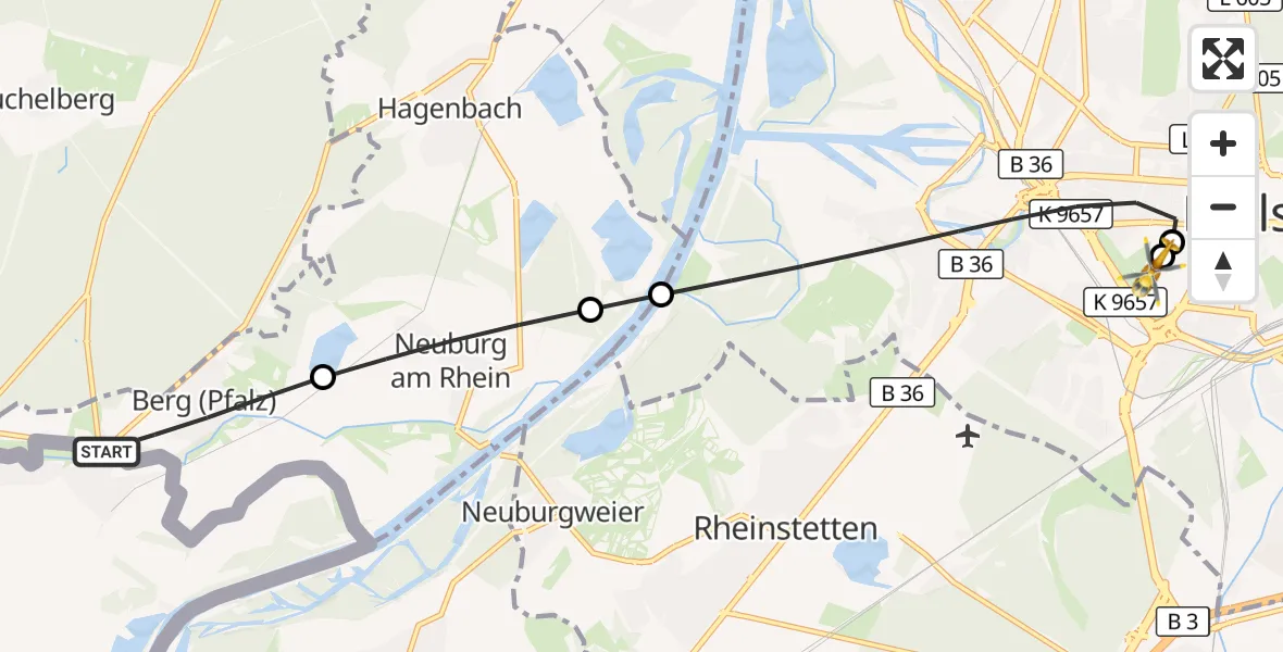 Flugroute Ambulanzhubschrauber Berg (Pfalz) - Sankt Vincentius Hospital, 27 Juli 2026, 19:08