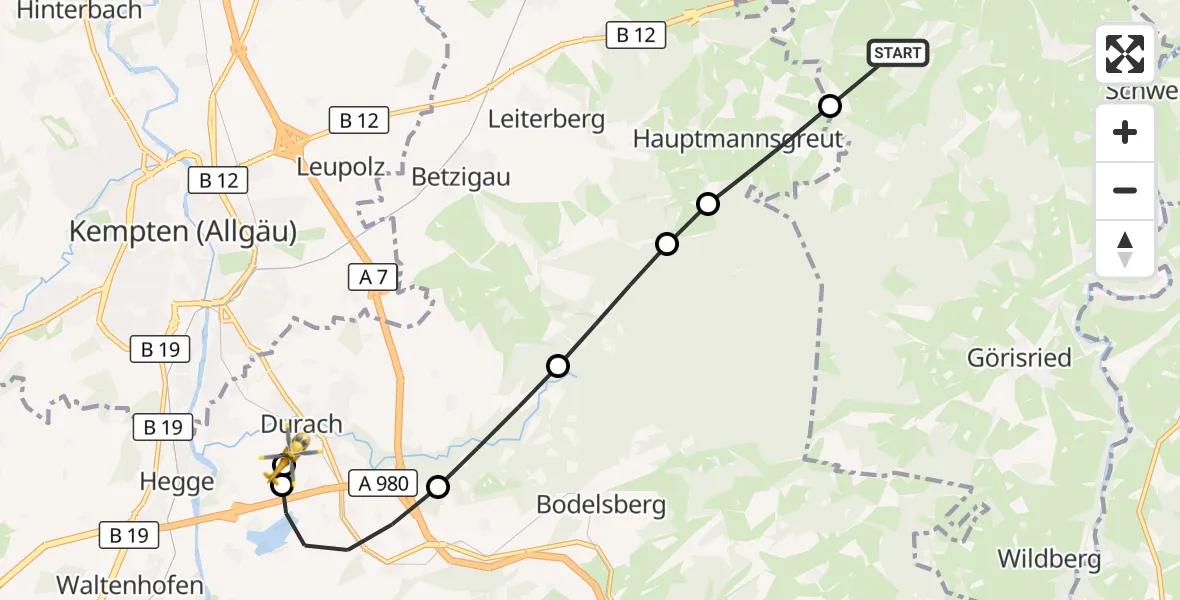 Flugroute Rettungshubschrauber Kraftisried - Kempten-Durach Flugplatz, 27 Juli 2026, 19:10