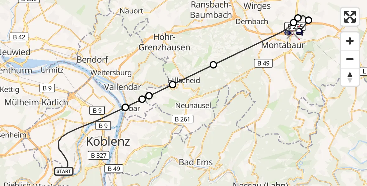 Flugroute Polizeihubschrauber Koblenz - Autobahn Police Heiligenroth Hubschrauberlandeplatz, 27 Juli 2026, 19:17