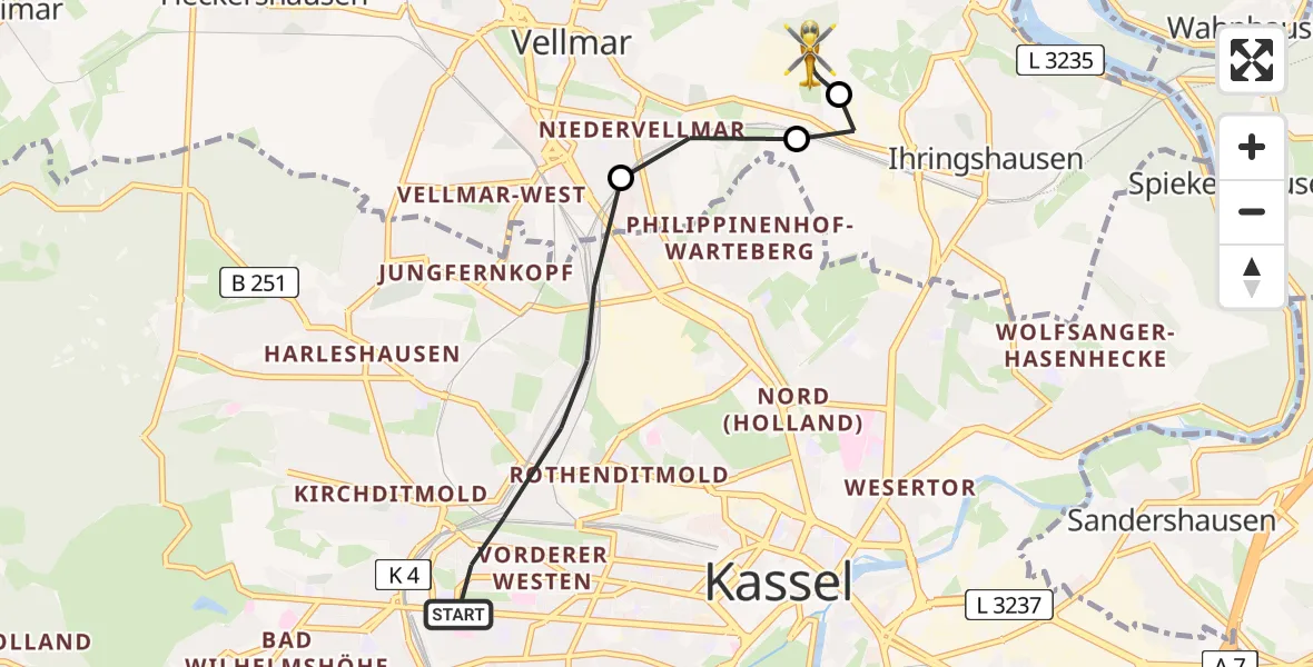 Flugroute Rettungshubschrauber Kassel - Fuldatal Bundespolizei Hubschrauberlandeplatz, 27 Juli 2026, 19:20