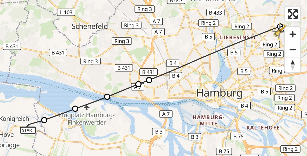 Flugroute Rettungshubschrauber Jork - Hamburg Military Hospital, 27 Juli 2026, 19:25