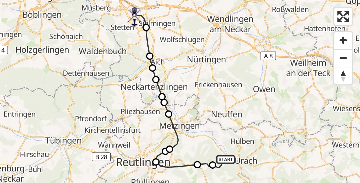 Flugroute Polizeihubschrauber Bad Urach - Flughafen Stuttgart, 27 Juli 2026, 19:27