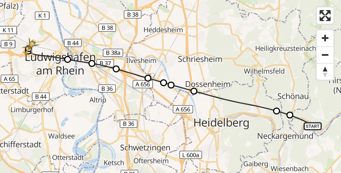 Flugroute Rettungshubschrauber Neckarsteinach - Ludwigshafen Accident Hospital, 27 Juli 2026, 19:31
