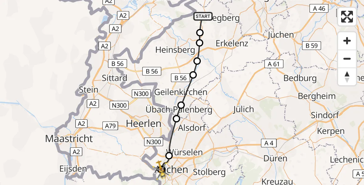Flugroute Rettungshubschrauber Wegberg - Aachen Hospital, 27 Juli 2026, 19:36