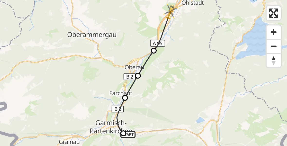 Flugroute Rettungshubschrauber Garmisch-Partenkirchen Clinic Hubschrauberlandeplatz - Eschenlohe, 27 Juli 2026, 19:37