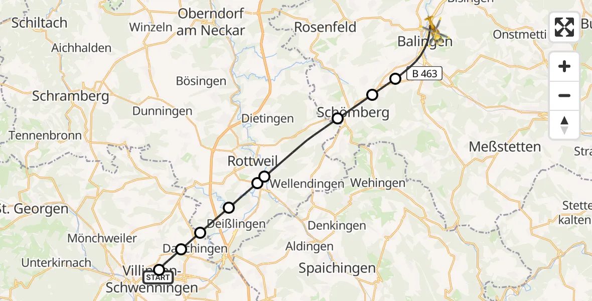 Flugroute Ambulanzhubschrauber DRF Air Rescue Station Villingen-Schwenningen Hubschrauberlandeplatz (Christoph 11) - Balingen, 27 Juli 2026, 19:58