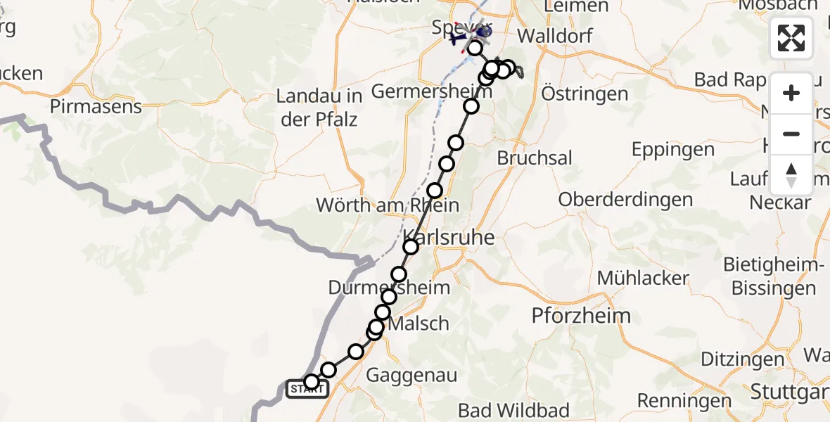 Flugroute Polizeihubschrauber Karlsruhe Baden-Baden Flughafen - Speyer Flugplatz, 27 Juli 2026, 20:13