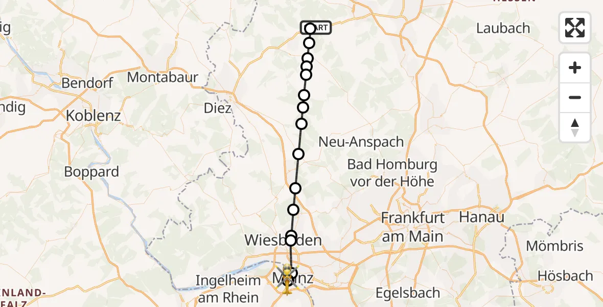Flugroute Rettungshubschrauber Leun - Mainz University Hospital, 27 Juli 2026, 20:13