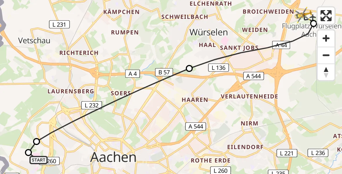 Flugroute Rettungshubschrauber Aachen Hospital - Aachen-Merzbrück Flughafen, 27 Juli 2026, 20:15