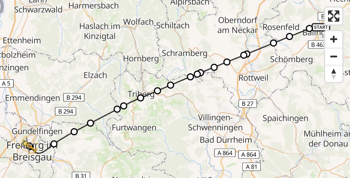 Flugroute Ambulanzhubschrauber Balingen - Freiburg University Hospital Heliport 1, 27 Juli 2026, 20:32