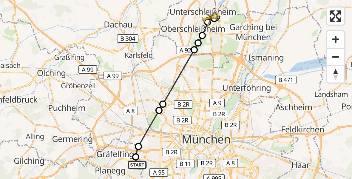 Flugroute Rettungshubschrauber DRF Air Rescue München Hubschrauberlandeplatz - Unterschleißheim, 27 Juli 2026, 20:57