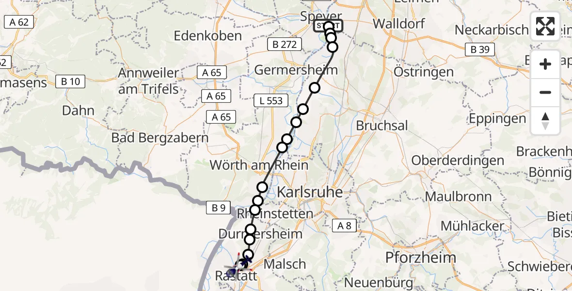 Flugroute Polizeihubschrauber Speyer Flugplatz - Rastatt Flugplatz, 27 Juli 2026, 21:16
