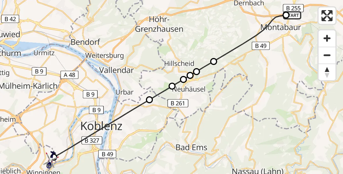 Flugroute Polizeihubschrauber Autobahn Police Heiligenroth Hubschrauberlandeplatz - Koblenz-Winningen Flugplatz, 27 Juli 2026, 21:19