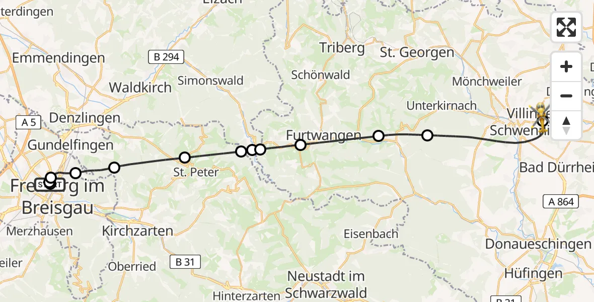 Flugroute Ambulanzhubschrauber Freiburg University Hospital Heliport 1 - DRF Air Rescue Station Villingen-Schwenningen Hubschrauberlandeplatz (Christoph 11), 27 Juli 2026, 21:21