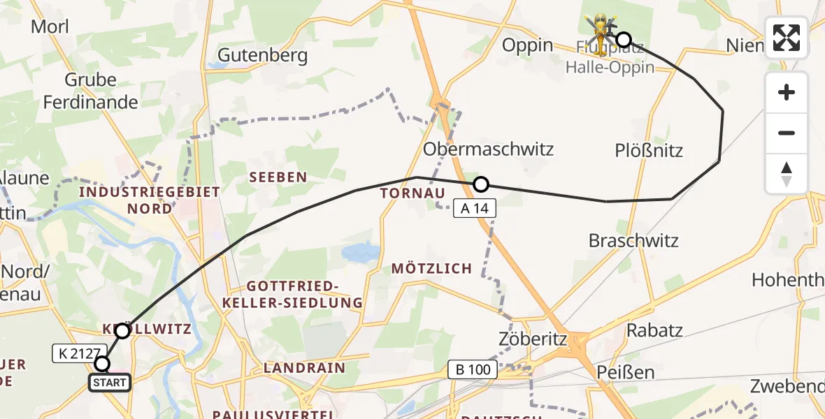 Flugroute Rettungshubschrauber Halle (Saale) University Hospital - Halle-Oppin Flugplatz, 27 Juli 2026, 21:39