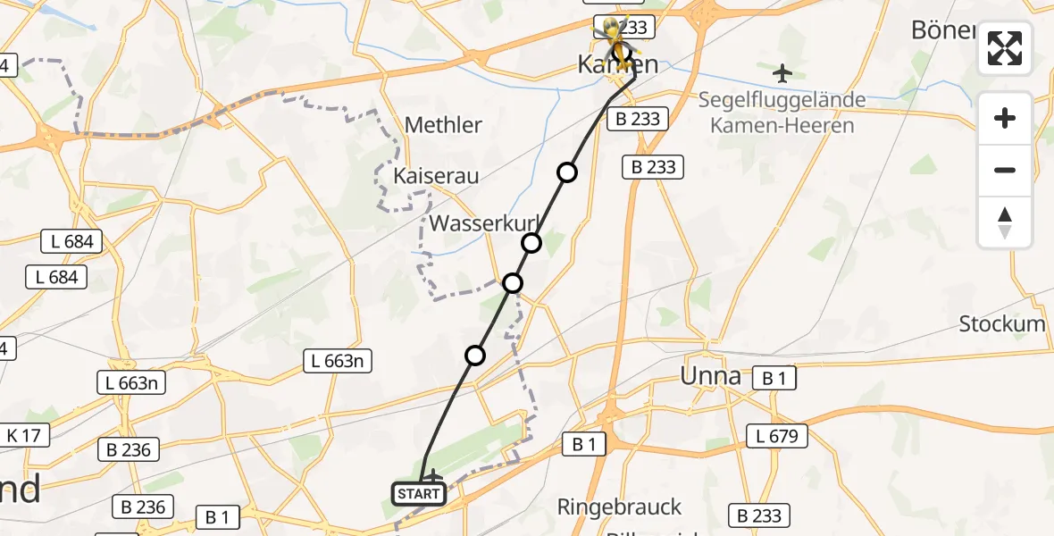 Flugroute Rettungshubschrauber Dortmund Flughafen - Kamen Hospital, 27 Juli 2026, 21:46