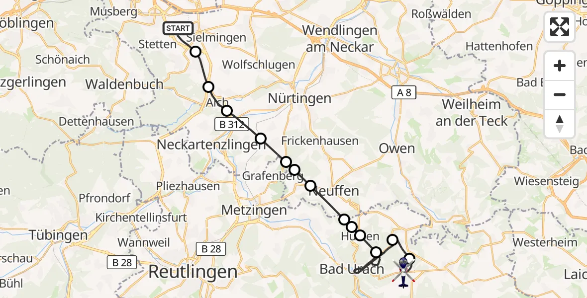 Flugroute Polizeihubschrauber Flughafen Stuttgart - Bad Urach, 27 Juli 2026, 21:49