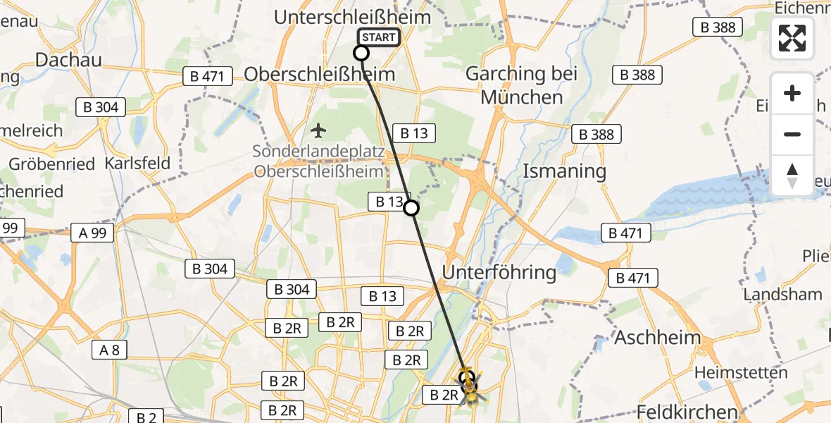 Flugroute Rettungshubschrauber Unterschleißheim - München Bogenhausen Hospital, 27 Juli 2026, 21:57
