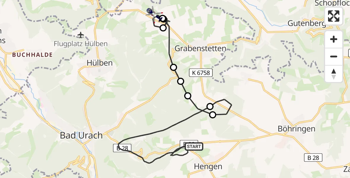 Flugroute Polizeihubschrauber Bad Urach - Grabenstetten Flugplatz, 27 Juli 2026, 22:20