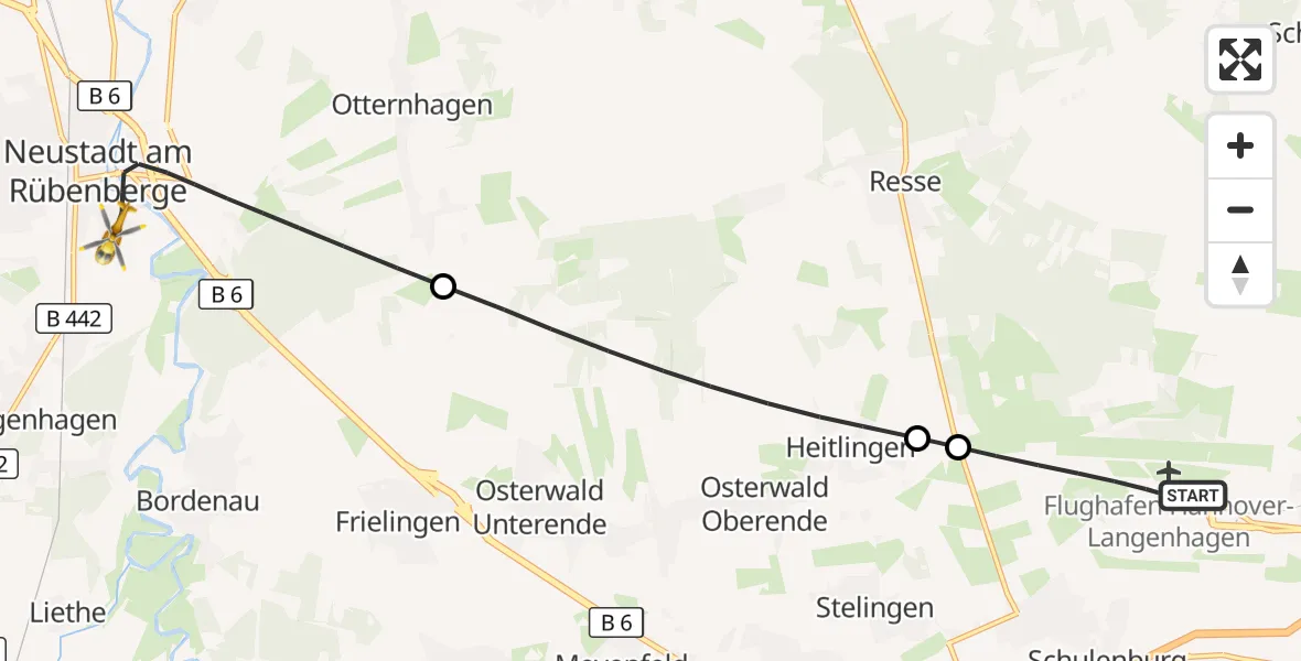 Flugroute Rettungshubschrauber Flughafen Hannover - Neustadt am Rübenberge, 27 Juli 2026, 22:22