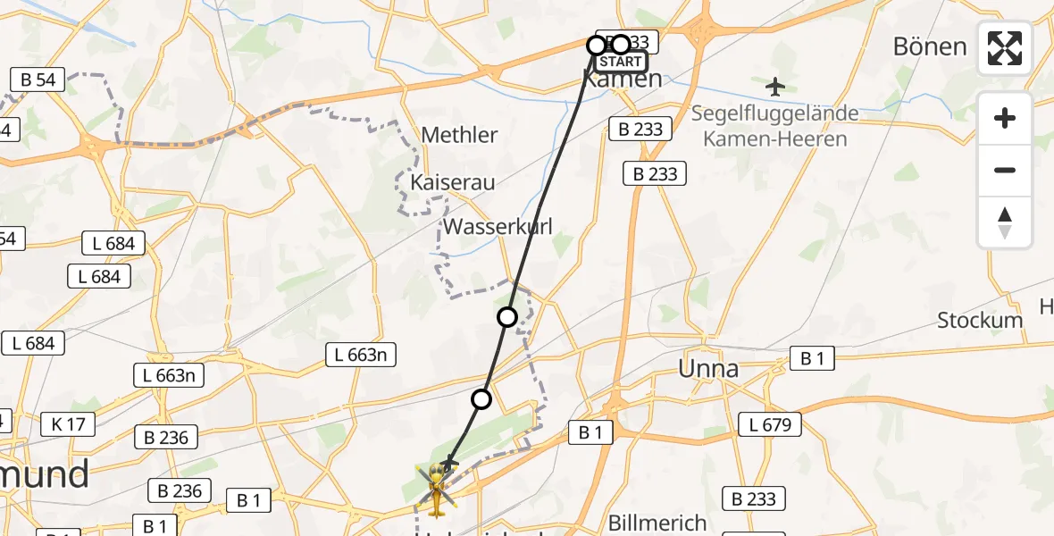 Flugroute Rettungshubschrauber Kamen Hospital - Dortmund Flughafen, 27 Juli 2026, 22:31