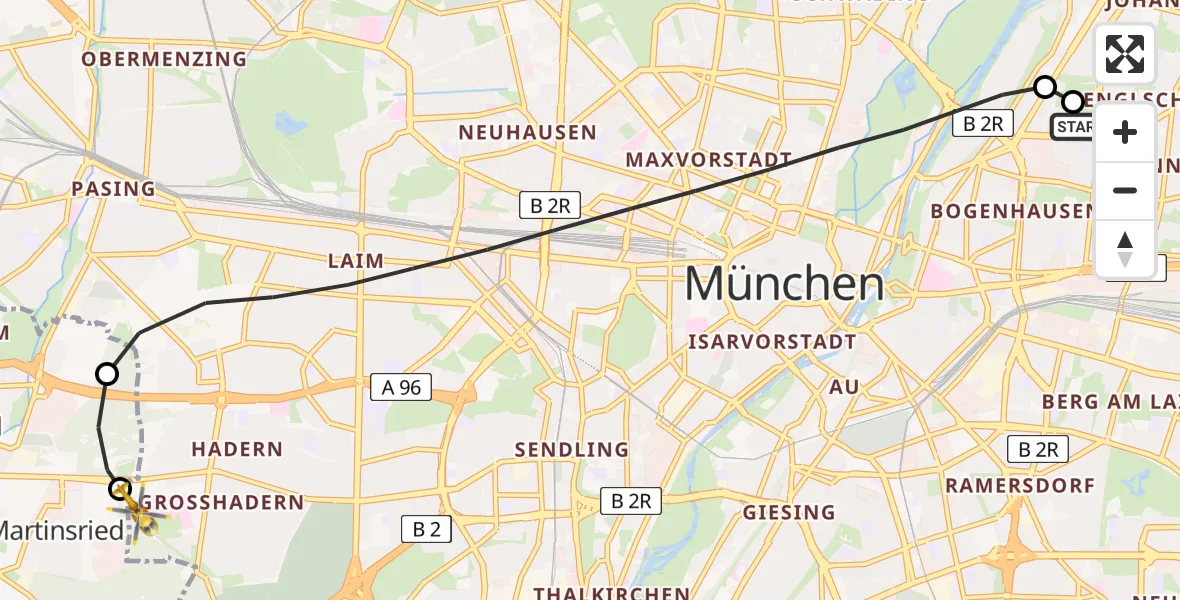 Flugroute Rettungshubschrauber München Bogenhausen Hospital - DRF Air Rescue München Hubschrauberlandeplatz, 27 Juli 2026, 22:34
