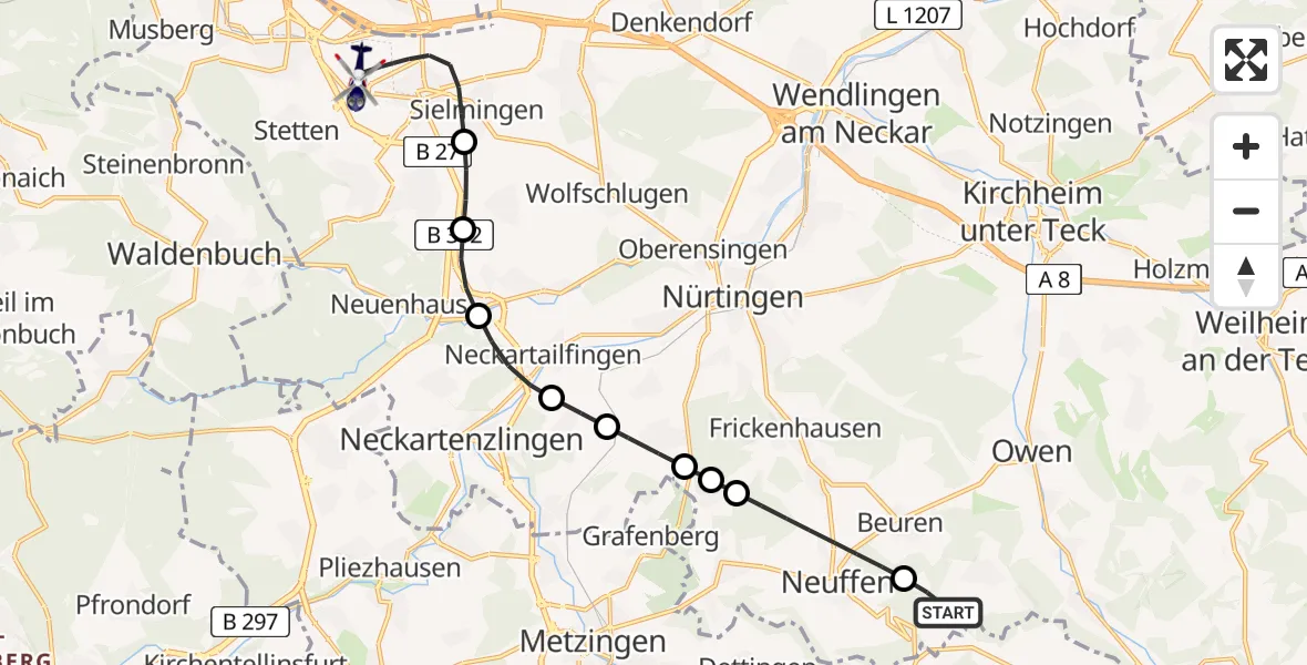 Flugroute Polizeihubschrauber Erkenbrechtsweiler - Flughafen Stuttgart, 27 Juli 2026, 22:49