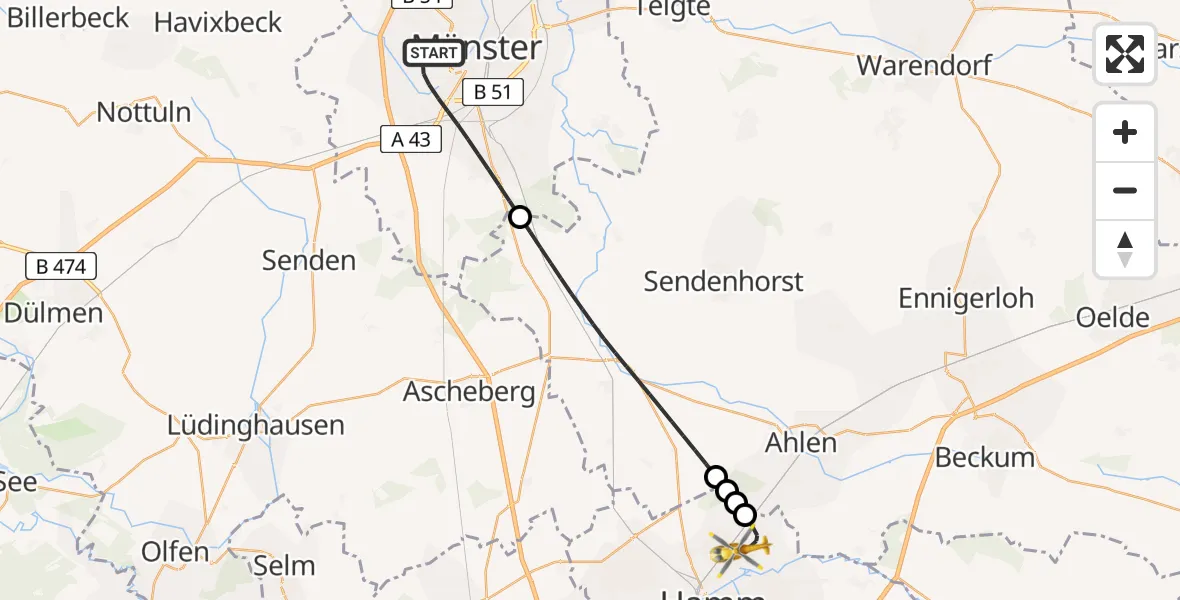 Flugroute Ambulanzhubschrauber Münster - Hamm, 27 Juli 2026, 23:31