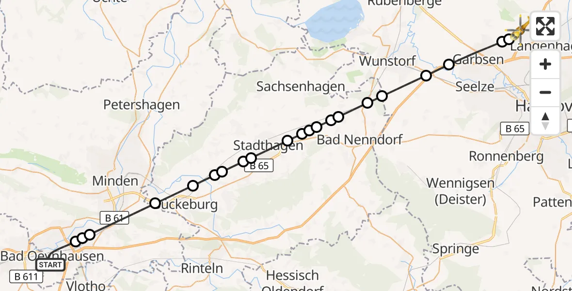 Flugroute Rettungshubschrauber Bad Oeynhausen - Flughafen Hannover, 27 Juli 2026, 23:36