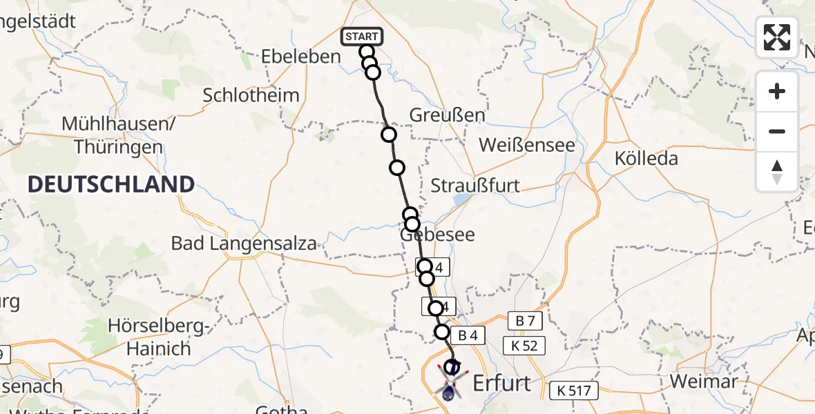 Flugroute Polizeihubschrauber Sondershausen - Erfurt-Weimar Flughafen, 27 Juli 2026, 23:45