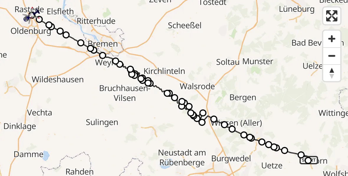 Flugroute Polizeihubschrauber Gifhorn Bundespolizei Hubschrauberlandeplatz - Oldenburg Police Hubschrauberlandeplatz, 28 Juli 2026, 00:27
