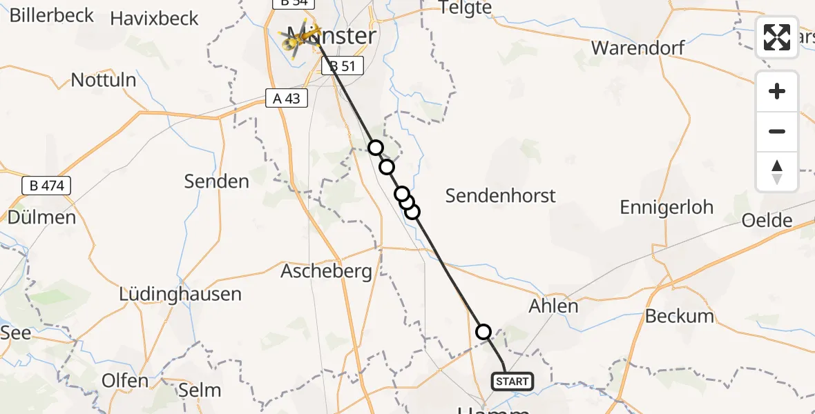 Flugroute Ambulanzhubschrauber Hamm - Münster, 28 Juli 2026, 01:56