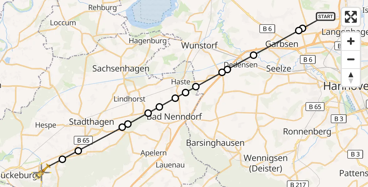Flugroute Rettungshubschrauber Flughafen Hannover - Obernkirchen, 28 Juli 2026, 02:21