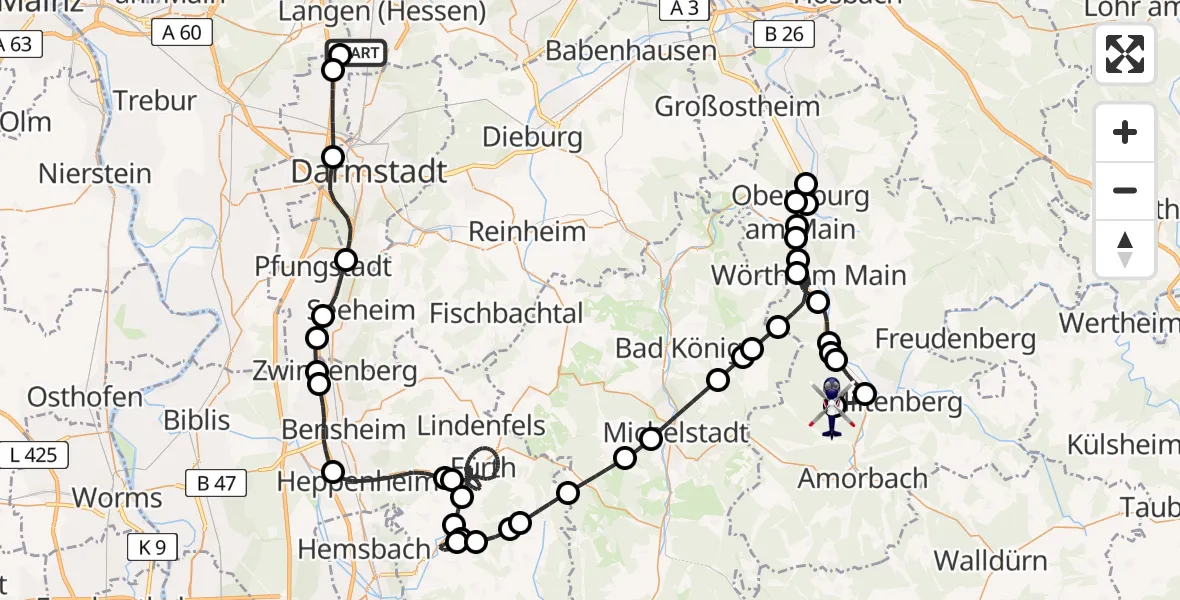 Flugroute Polizeihubschrauber Flughafen Frankfurt-Egelsbach - Mainbullau Flugplatz, 28 Juli 2026, 02:48