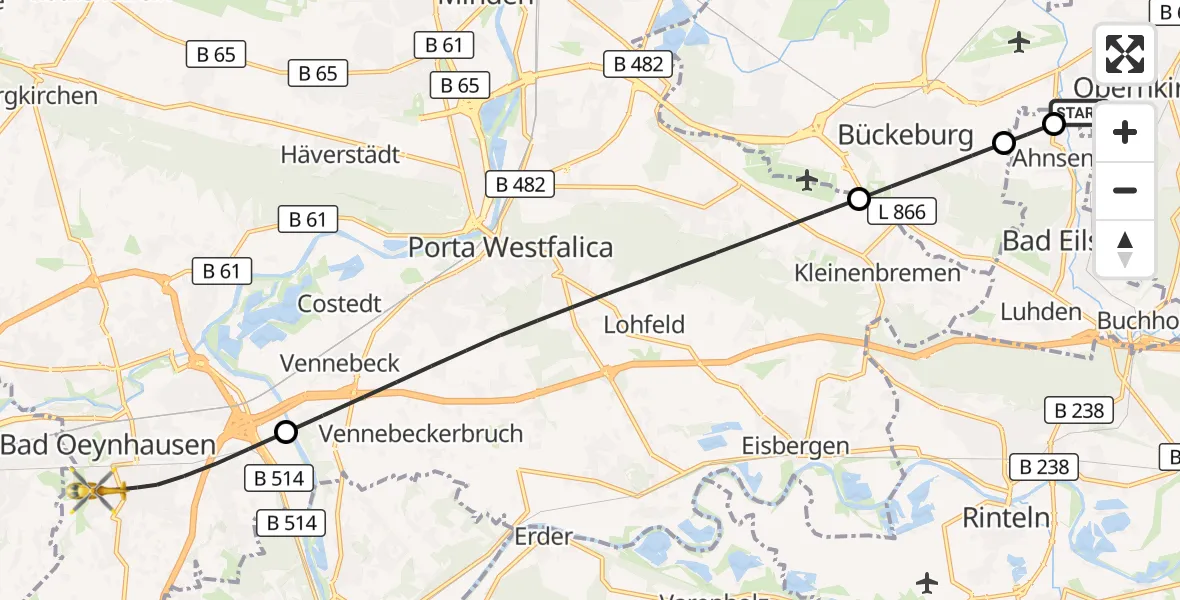Flugroute Rettungshubschrauber Obernkirchen - Bad Oeynhausen, 28 Juli 2026, 02:59