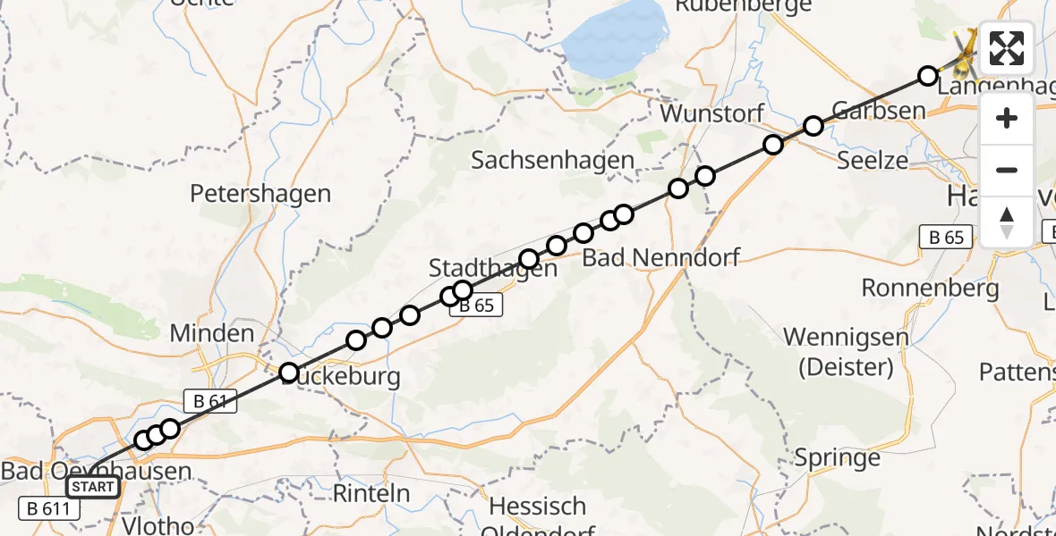 Flugroute Rettungshubschrauber Bad Oeynhausen - Flughafen Hannover, 28 Juli 2026, 03:34