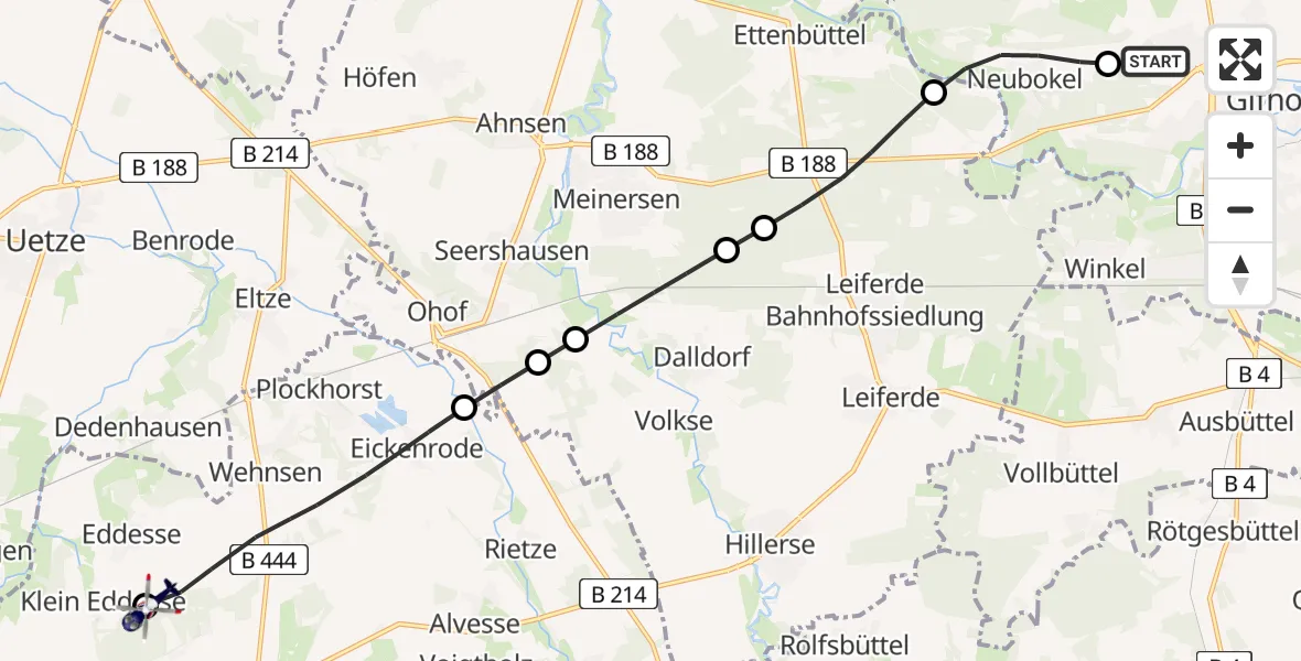 Flugroute Polizeihubschrauber Gifhorn Bundespolizei Hubschrauberlandeplatz - Flugplatz Peine-Eddesse, 28 Juli 2026, 04:50