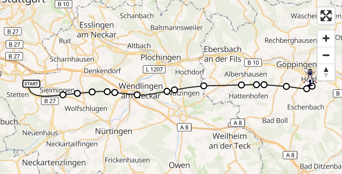 Flugroute Polizeihubschrauber Flughafen Stuttgart - Göppingen, 28 Juli 2026, 05:00