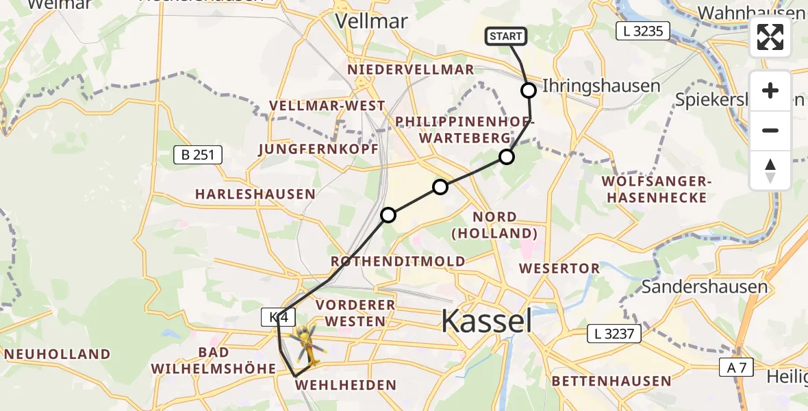 Flugroute Rettungshubschrauber Fuldatal Bundespolizei Hubschrauberlandeplatz - Kassel, 28 Juli 2026, 05:03