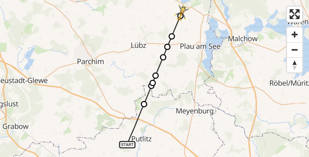 Flugroute Rettungshubschrauber Putlitz - Neu Poserin, 28 Juli 2026, 05:10