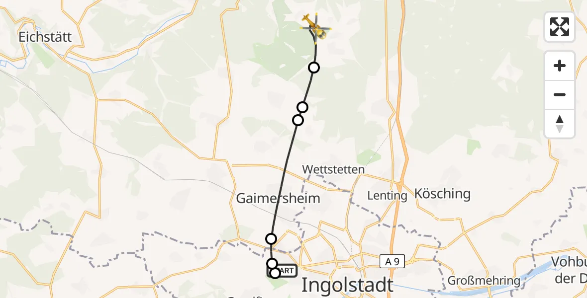 Flugroute Rettungshubschrauber Ingolstadt Hospital - Kipfenberg, 28 Juli 2026, 05:36